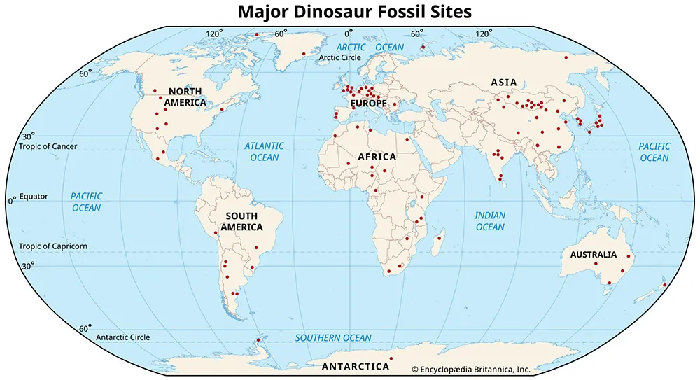 World map with fossil discovery locations